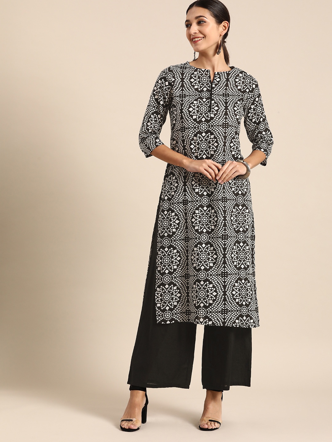 

Anouk Women Black & White Bandhani Print Pure Cotton Kurta with Palazzos