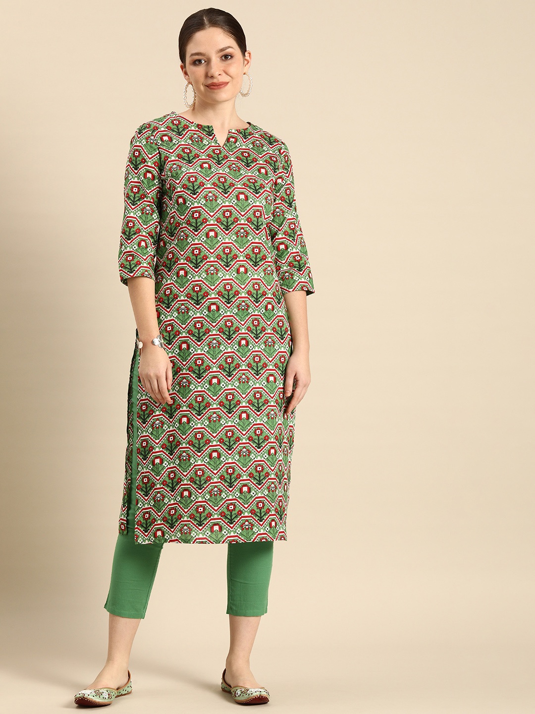 

Anouk Women Green Ethnic Motifs Printed Pure Cotton Kurta with Trousers