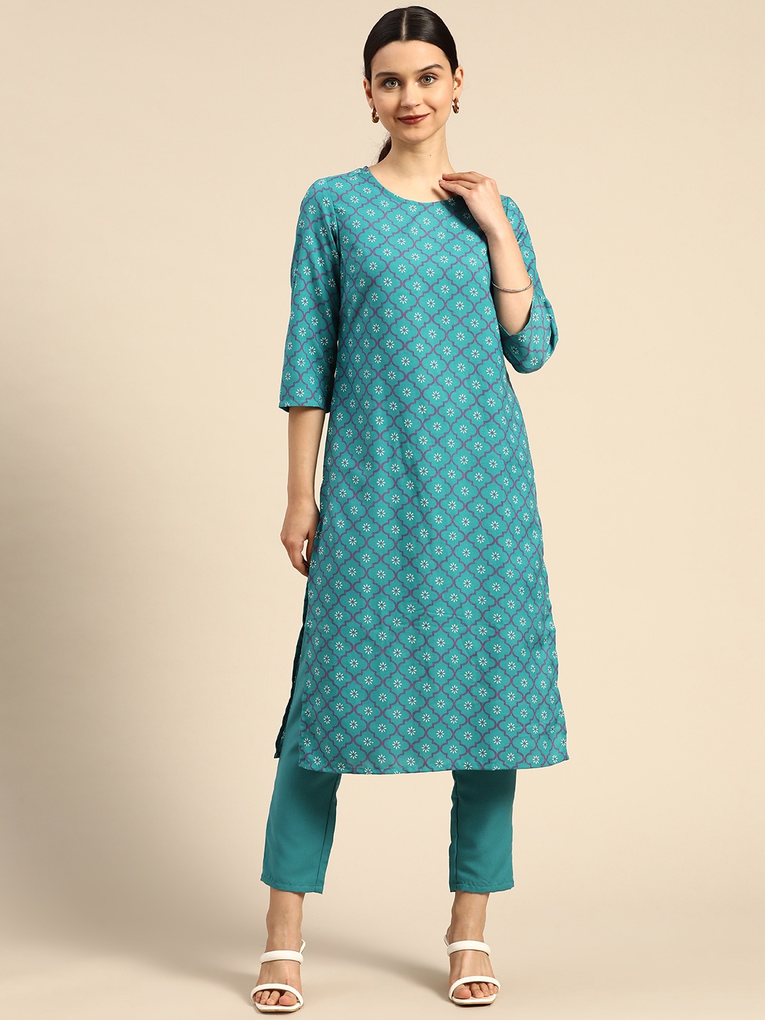

Anouk Women Teal Green & White Ethnic Motifs Printed Kurta with Trousers