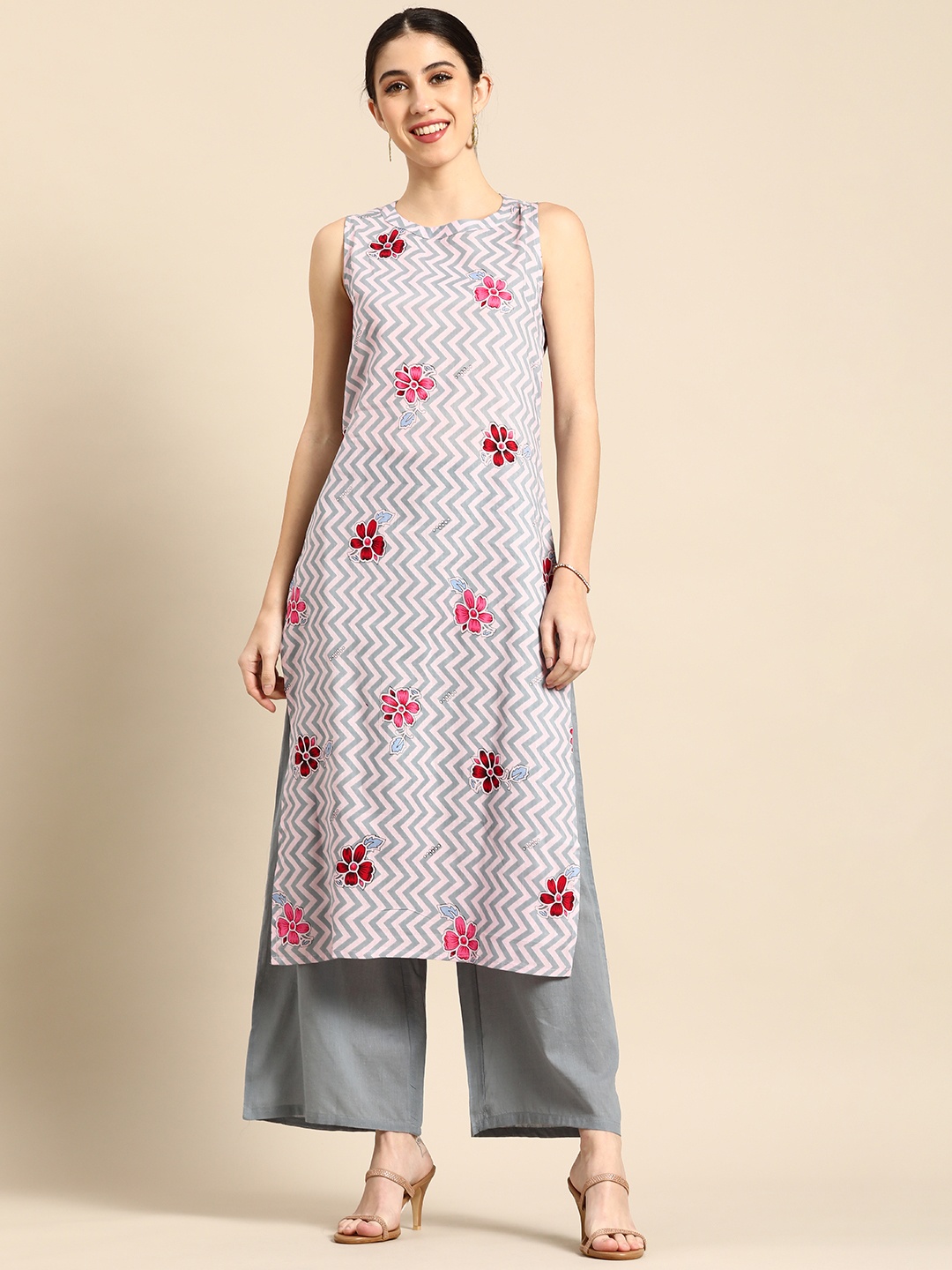 

Anouk Women White & Grey Floral Printed Pure Cotton Kurta with Palazzos