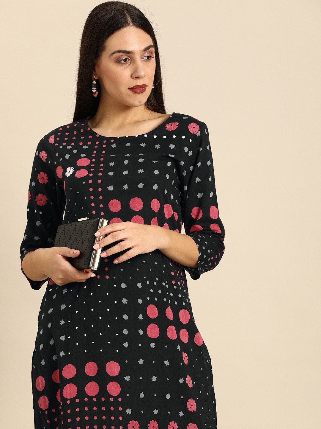 

Anouk Women Black & Pink Printed Pure Cotton Kurta with Trousers