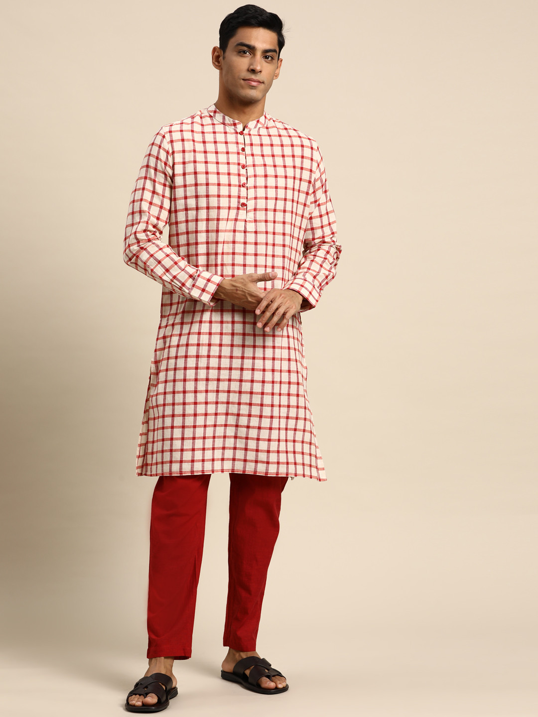 

Anouk Men Off White & Red Pure Cotton Kurta with Trousers