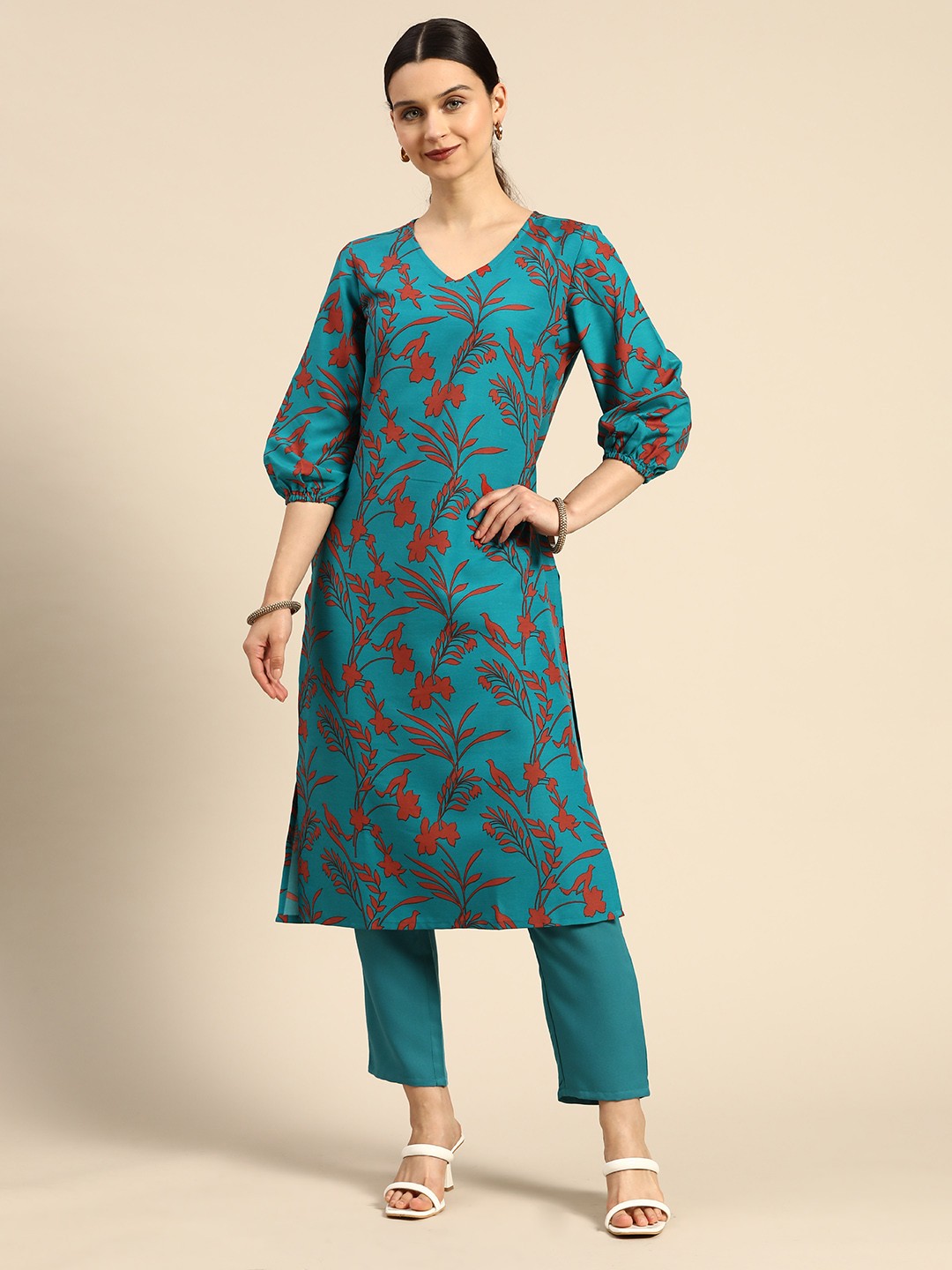 

Anouk Women Teal Blue & Rust Orange Floral Printed Kurta with Trousers