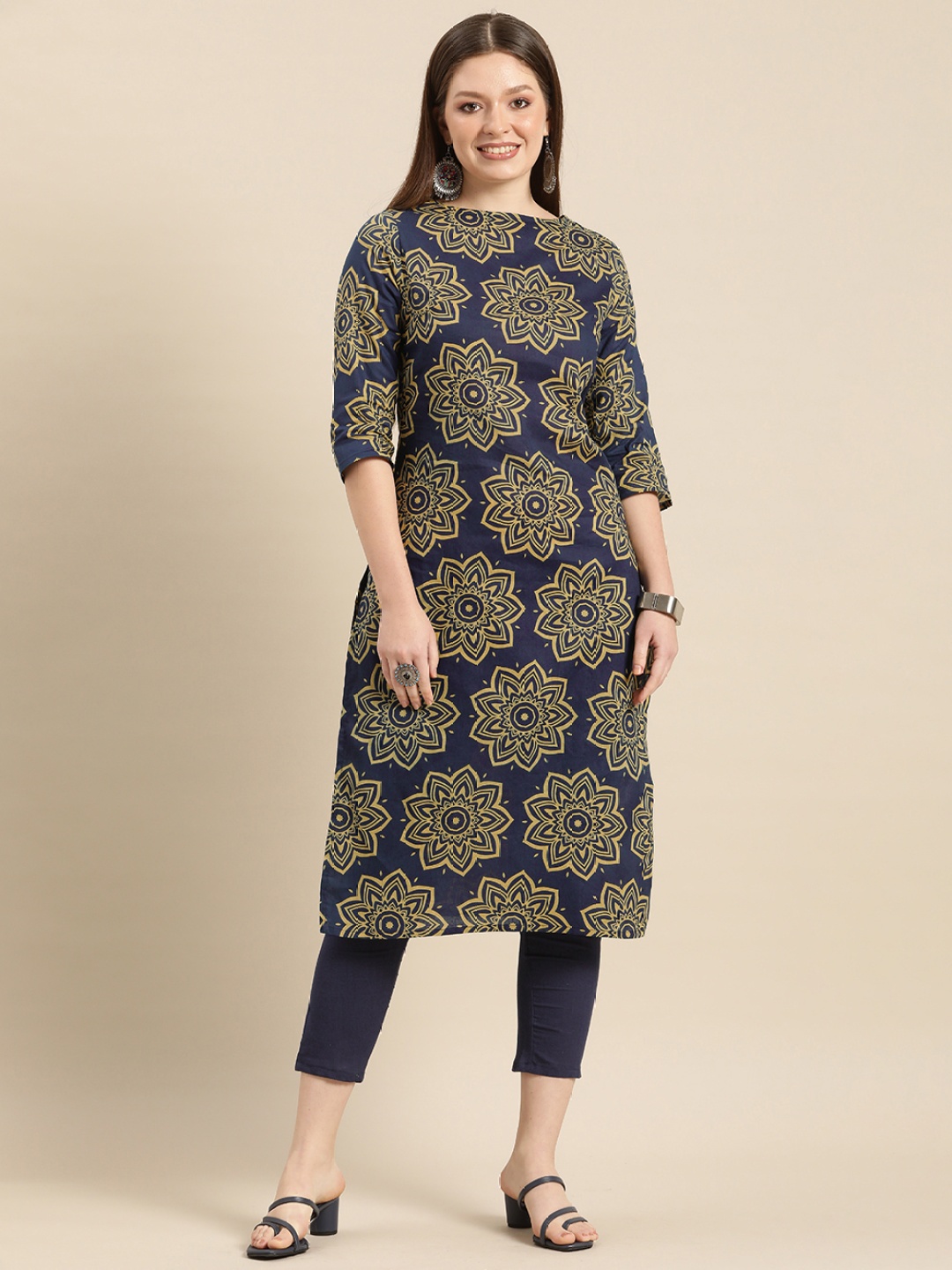 

Anouk Women Navy Blue And Mustard Floral Printed Pure Cotton Kurta with Trousers