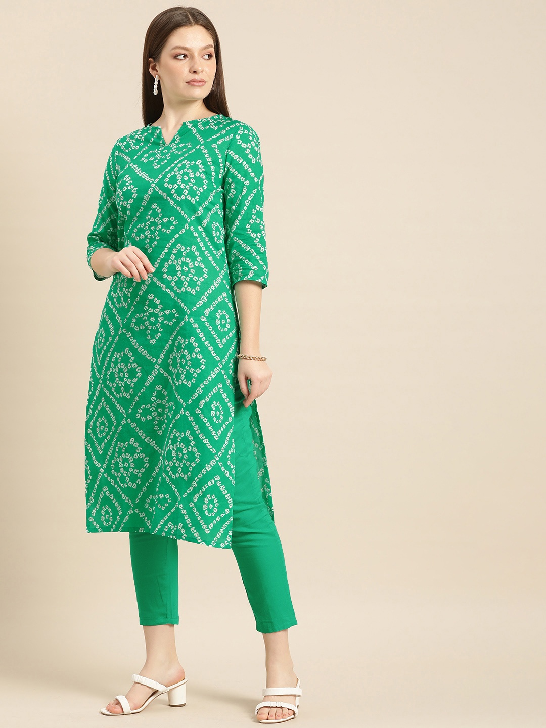 

Anouk Women Green And White Printed Pure Cotton Kurta with Trousers