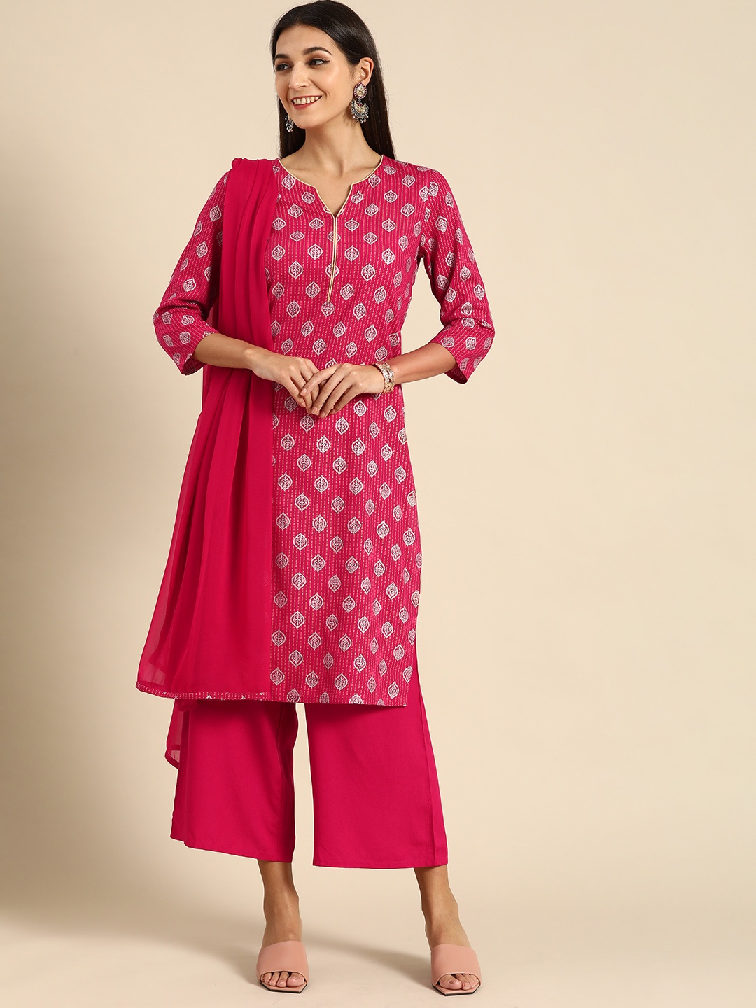 

Anouk Women Fuchsia Ethnic Motifs Printed Pure Cotton Kurta with Palazzos & Dupatta