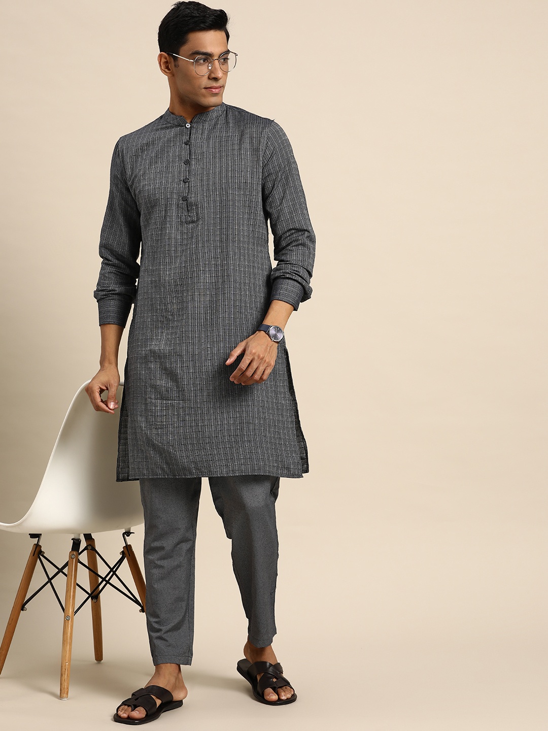 

Anouk Men Navy Blue & Black Self-Checked Kurta with Trousers