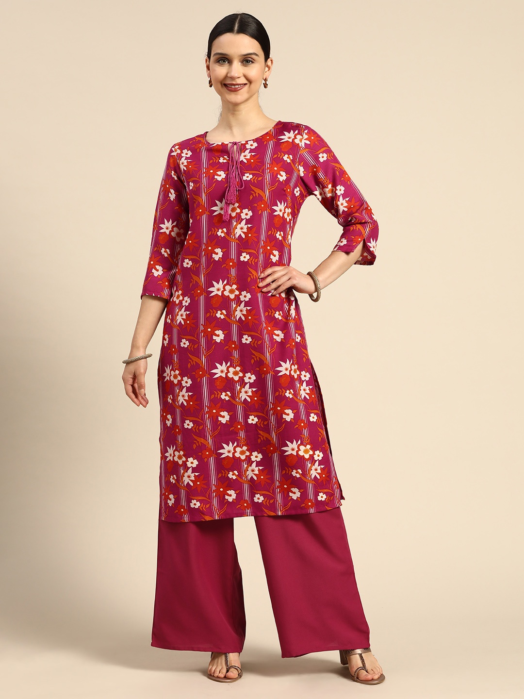 

Anouk Women Fuchsia Floral Printed Kurta with Palazzos