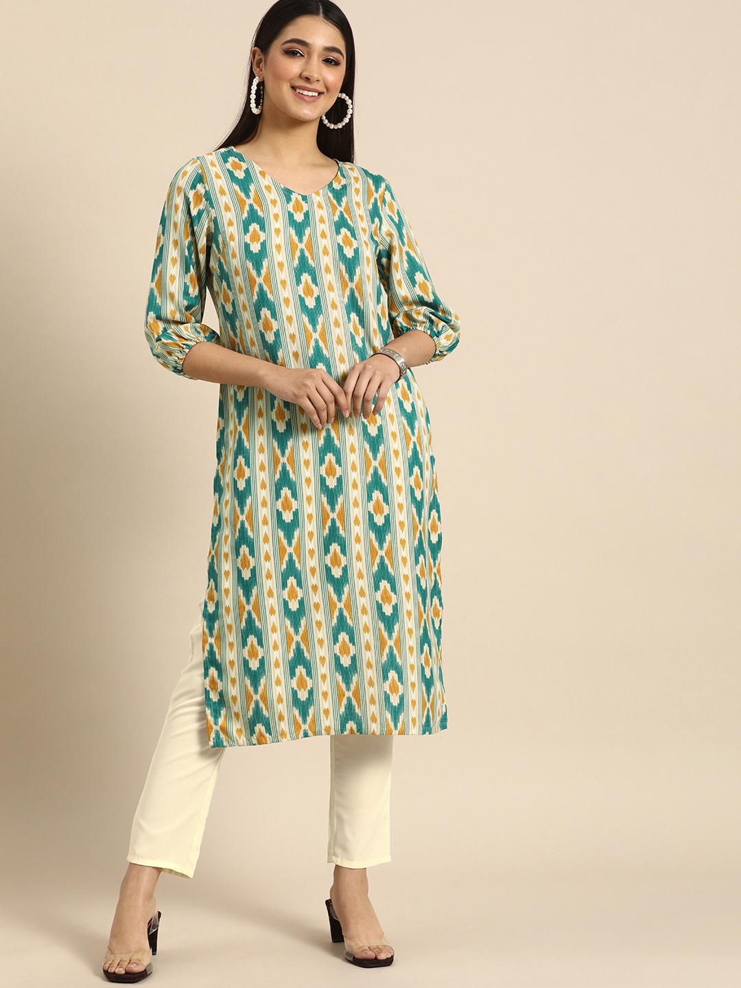 

Anouk Women Beige & Teal Blue Abstract Striped Printed Kurta with Trousers