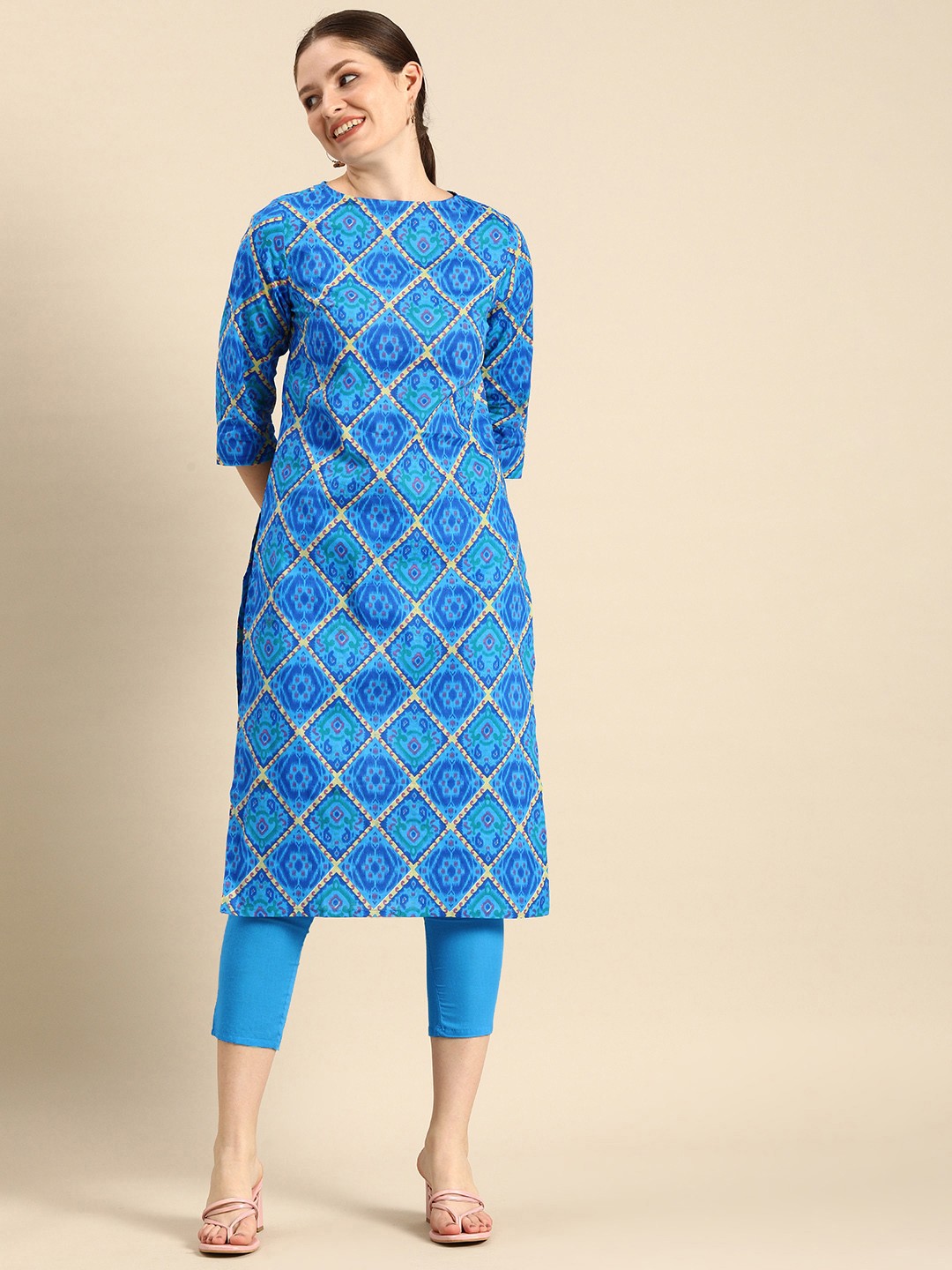 

Anouk Women Blue & Green Printed Pure Cotton Kurta with Trousers