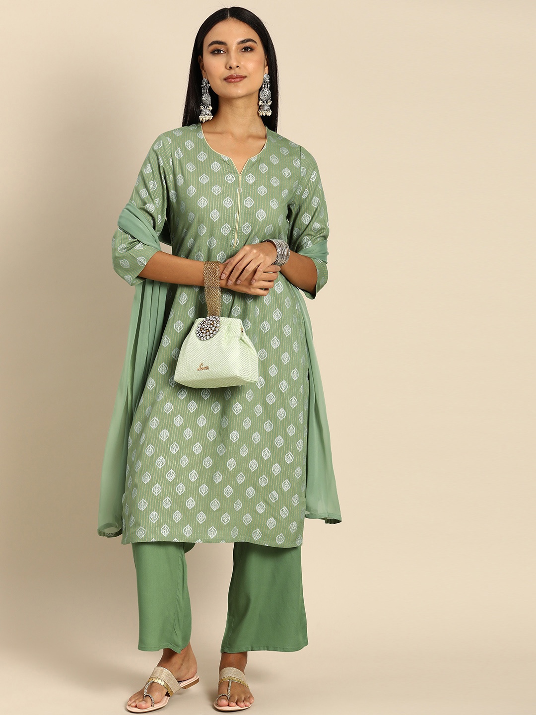 

Anouk Women Green Ethnic Motifs Printed Kurta with Trousers & With Dupatta