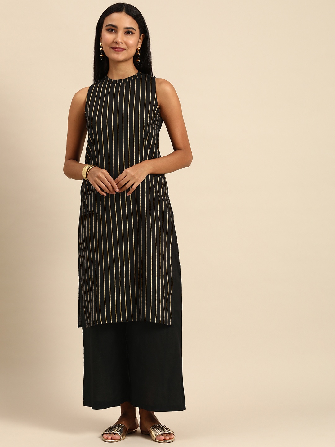 

Anouk Women Black Striped Kurta with Solid Palazzos