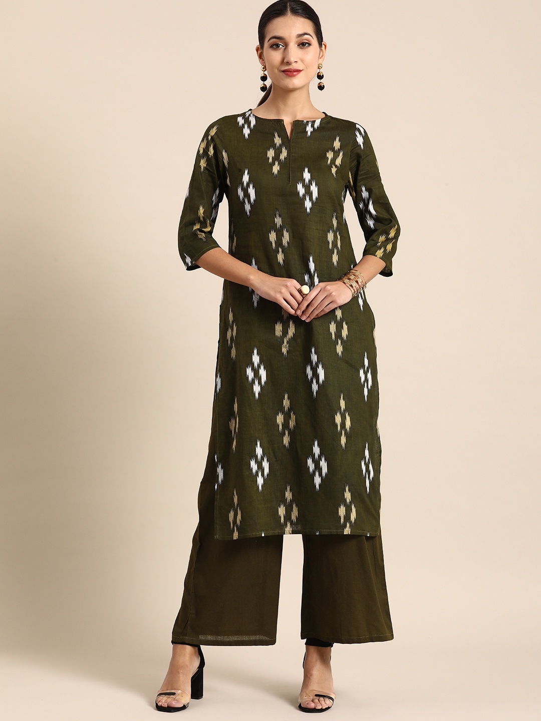 

Anouk Women Olive Green & White Ikat Print Pure Cotton Kurta with Palazzos