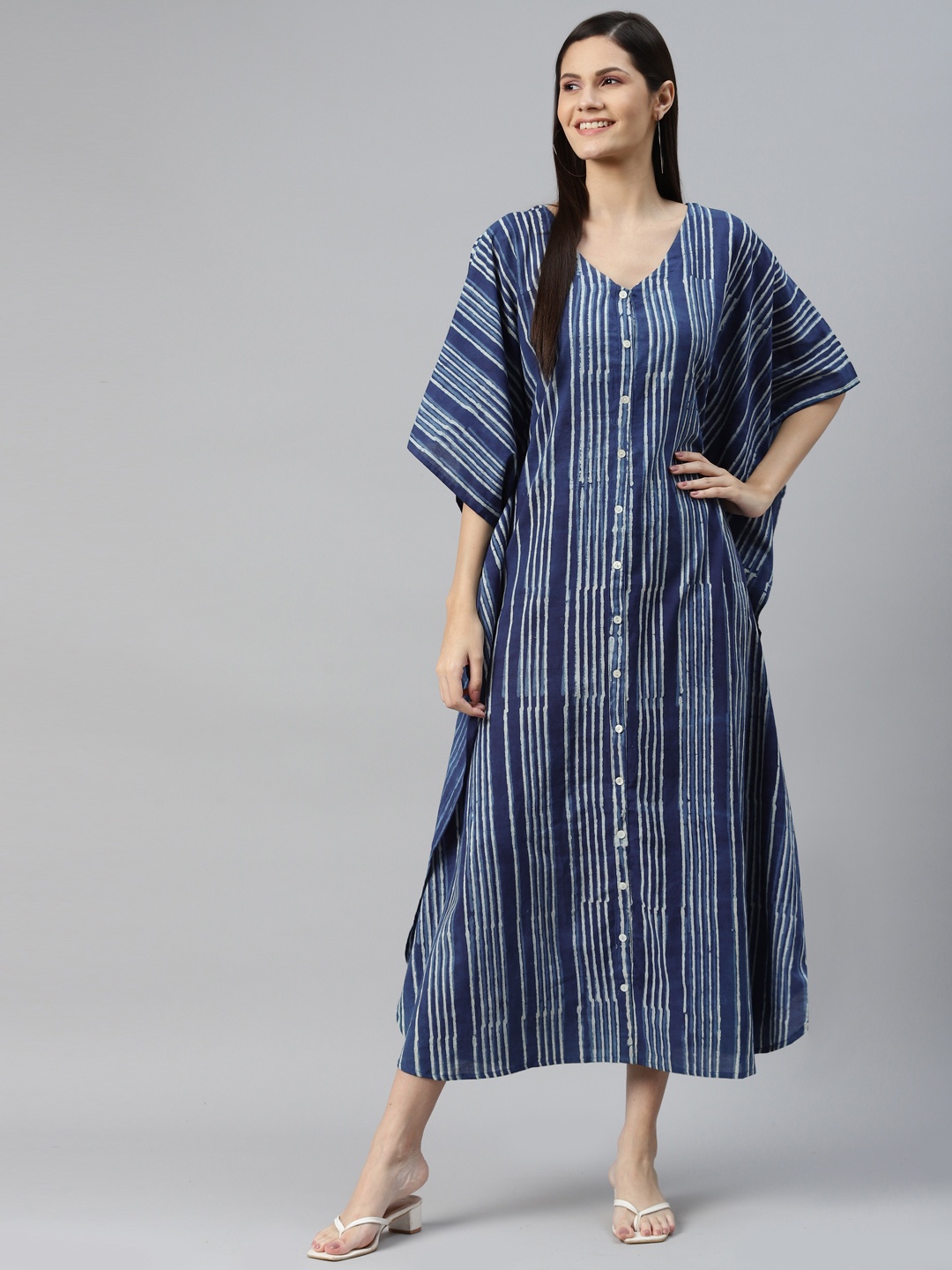 

Divena Blue & Grey Striped Kaftan Midi Dress