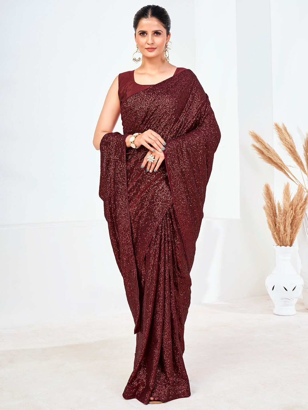 

SHOPGARB Maroon Embellished Sequinned Saree