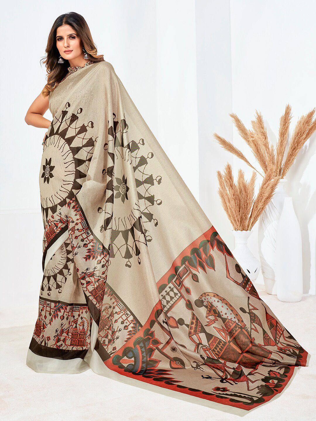 

SHOPGARB Brown & Black Warli Digital Printed Saree