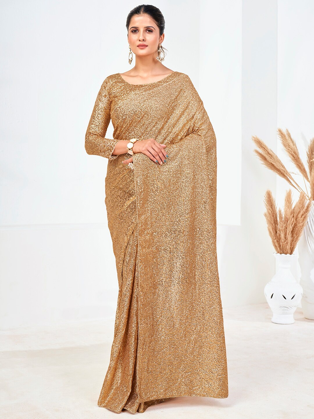 

SHOPGARB Beige Gold Embellished Sequinned Saree