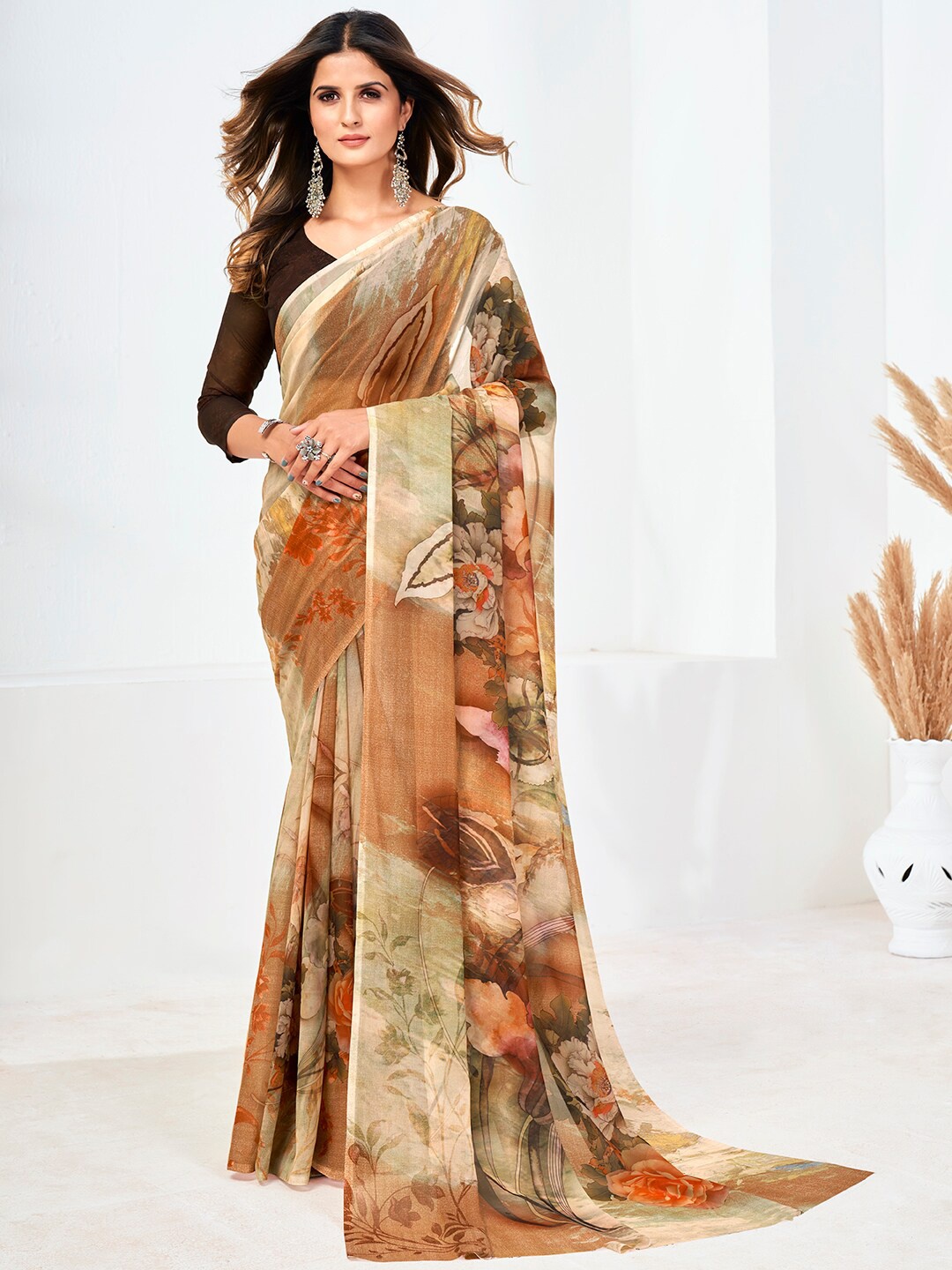 

SHOPGARB Brown & Orange Floral Digital Printed Saree