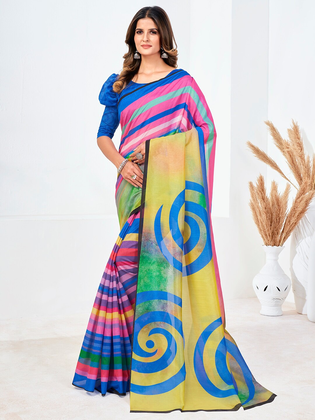 

SHOPGARB Pink & Blue Georgette Printed Casual Saree