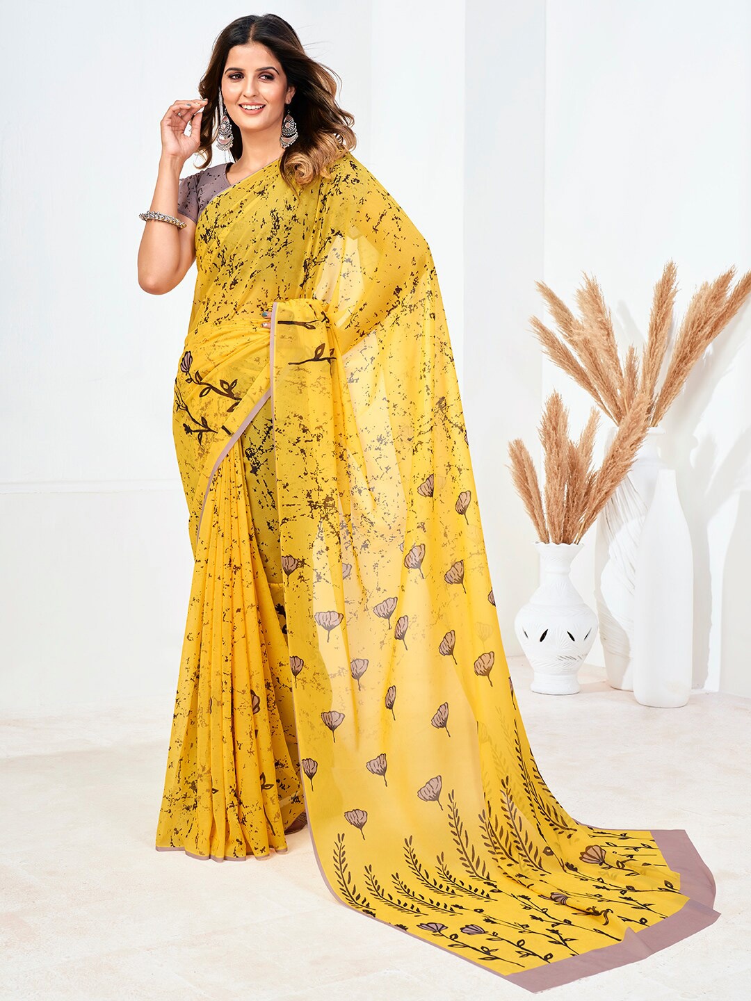 

SHOPGARB Yellow & Purple Floral Printed Poly Georgette Saree