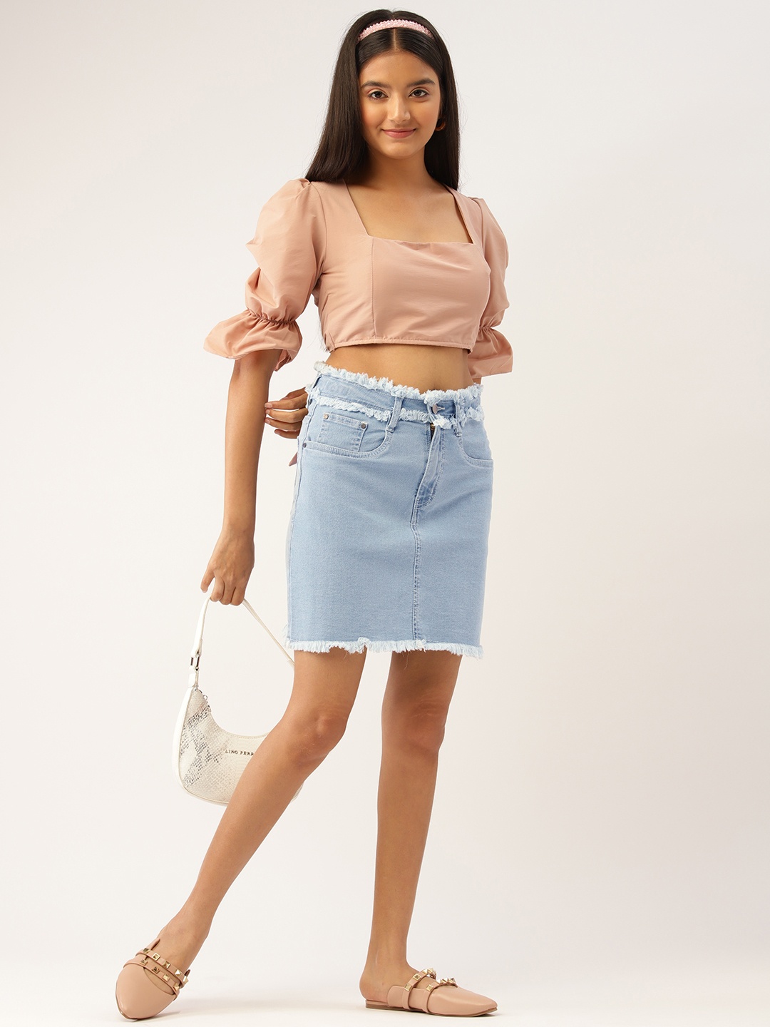 

DressBerry Teen Girls Frayed Denim Straight Skirt, Blue