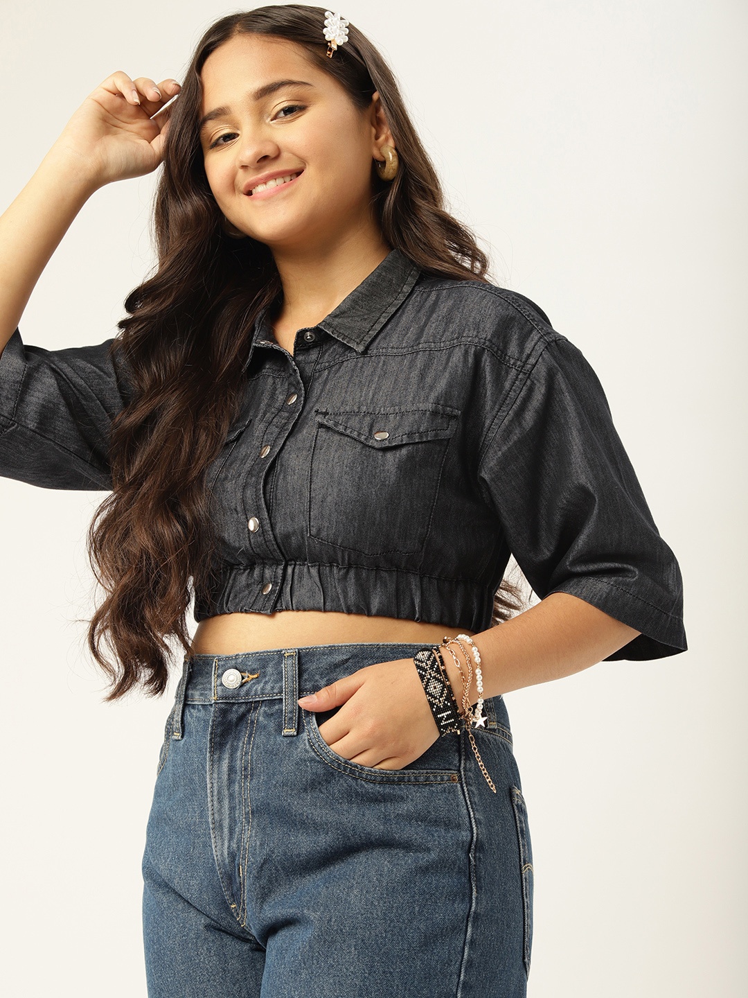 

DressBerry Teen Girls Shirt Style Boxy Fit Crop Top, Charcoal