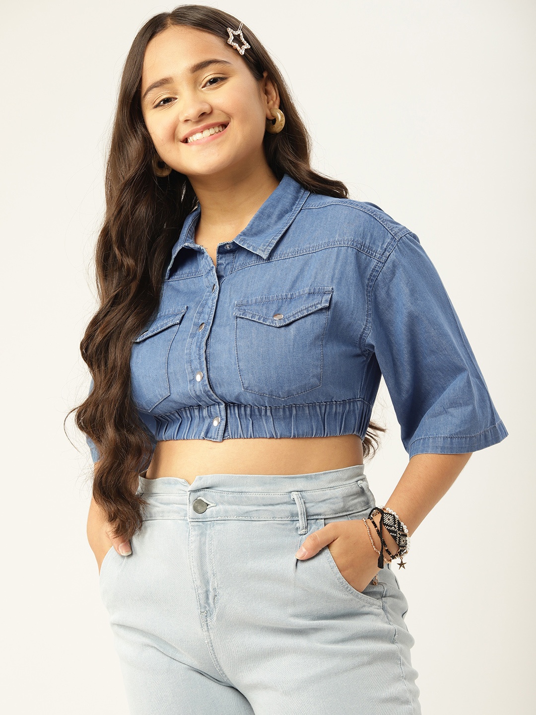 

DressBerry Teen Girls Shirt Style Boxy Fit Pure Cotton Crop Top, Blue