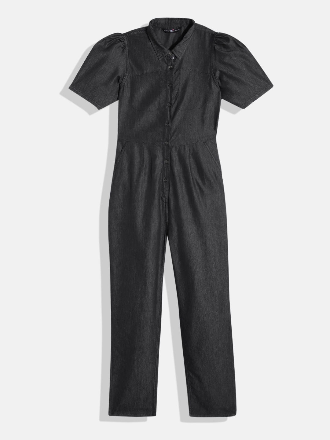 

DressBerry Girls Short Puff Sleeves Basic Jumpsuit, Black