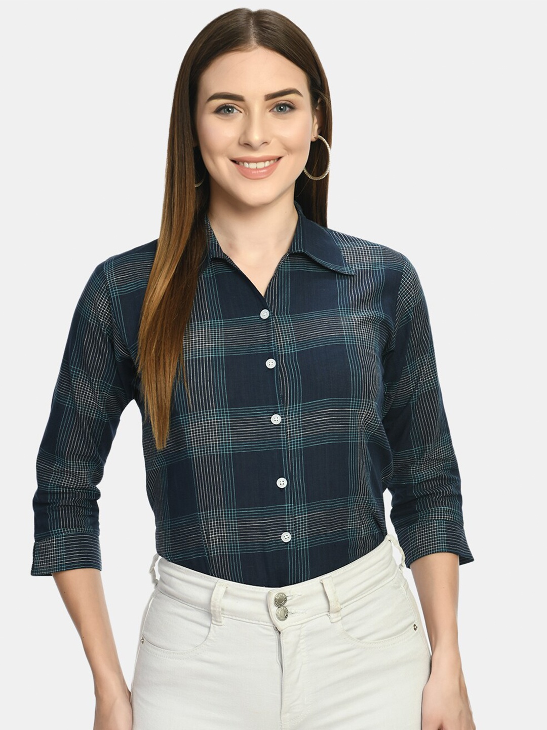 

Akshatani Women Blue Slim Fit Tartan Checked Casual Shirt