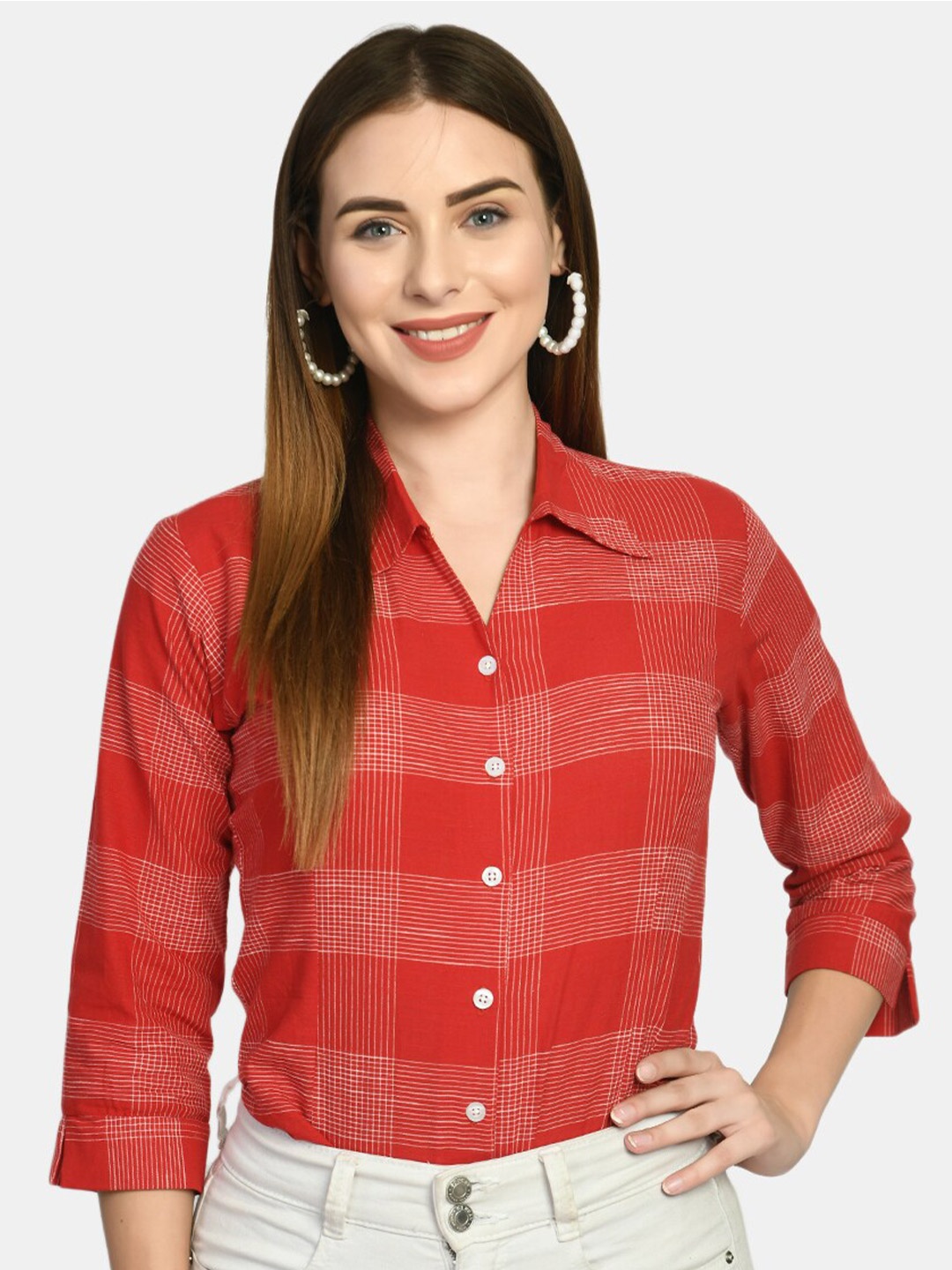 

Akshatani Women Red Slim Fit Checked Formal Shirt