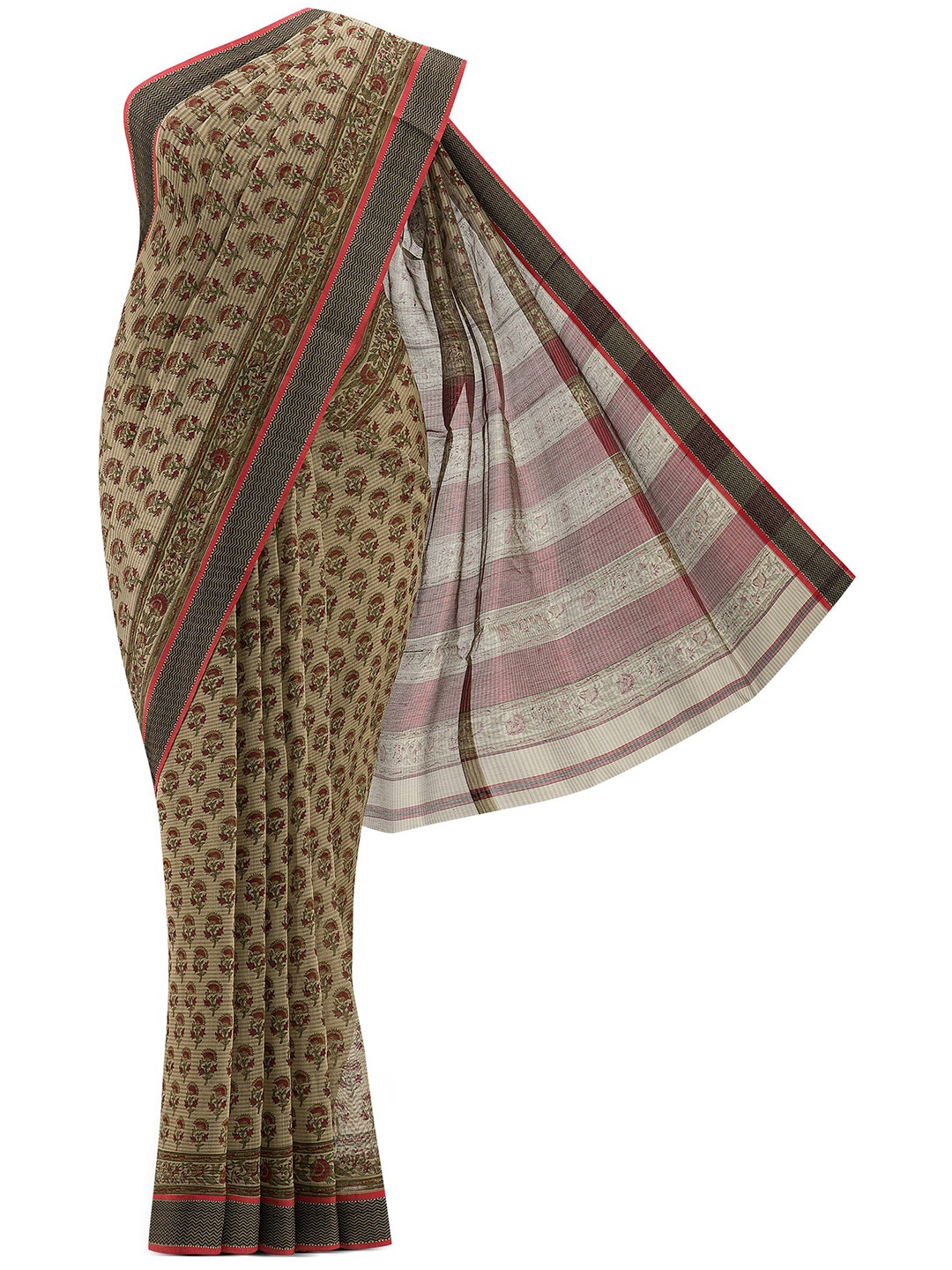 

Nalli Next Beige & Red Floral Silk Cotton Maheshwari Saree