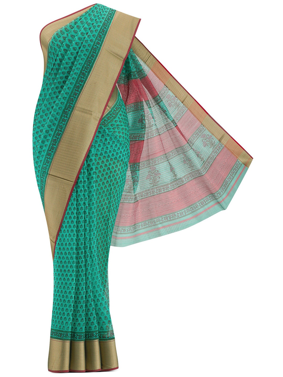 

Nalli Next Green & Gold-Toned Ethnic Motifs Zari Silk Cotton Saree