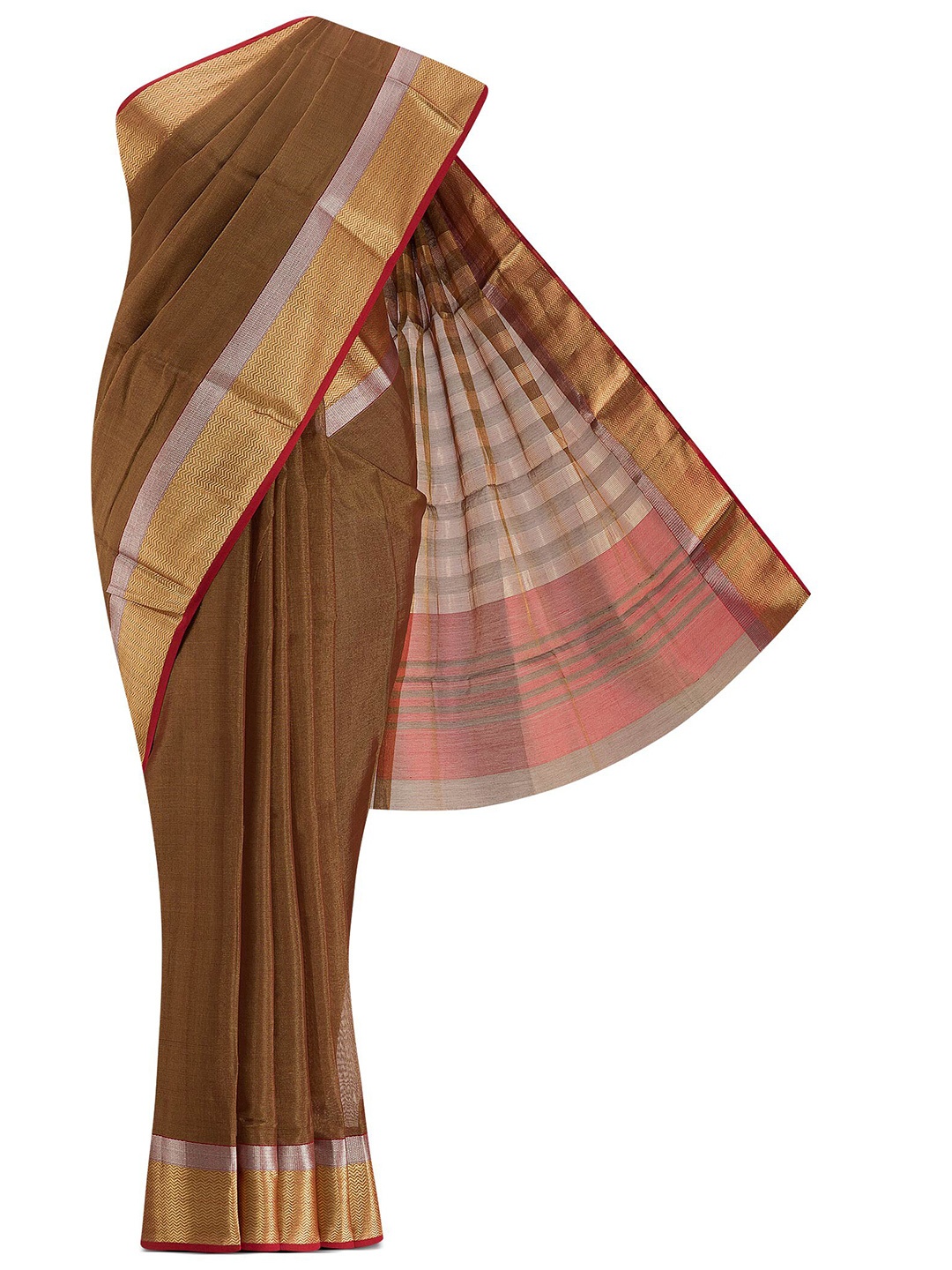 

Nalli Next Maroon & Gold-Toned Striped Zari Silk Cotton Saree