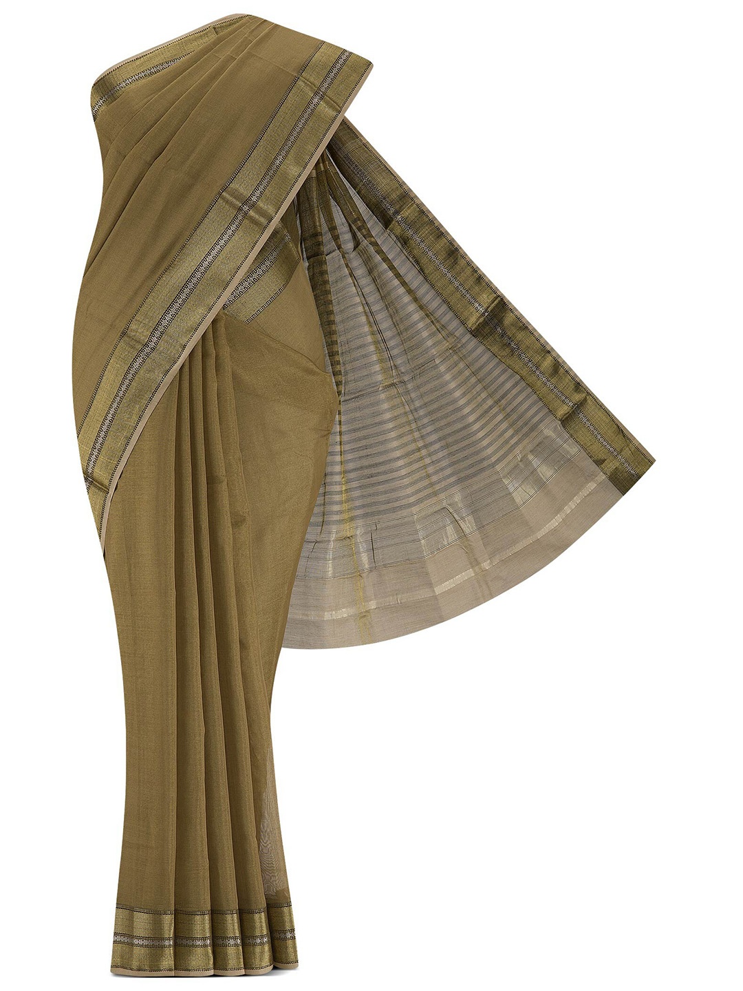 

Nalli Next Beige & Gold-Toned Striped Zari Maheshwari Silk Cotton Saree