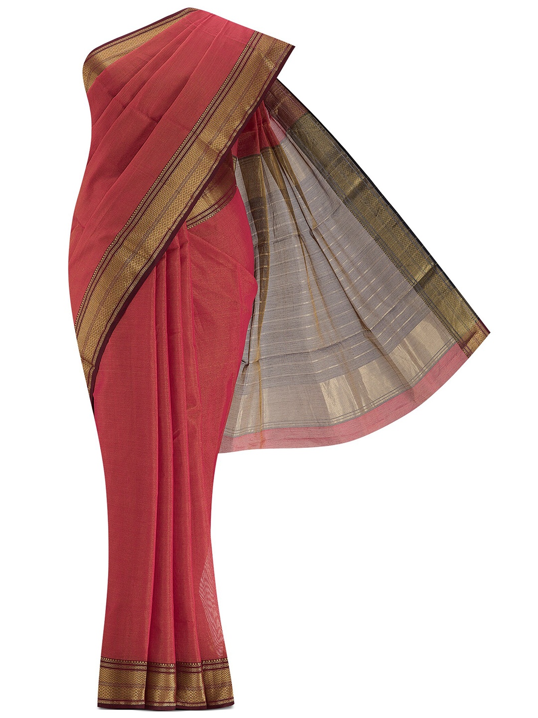 

Nalli Next Red & Gold-Toned Zari Silk Cotton Maheshwari Saree