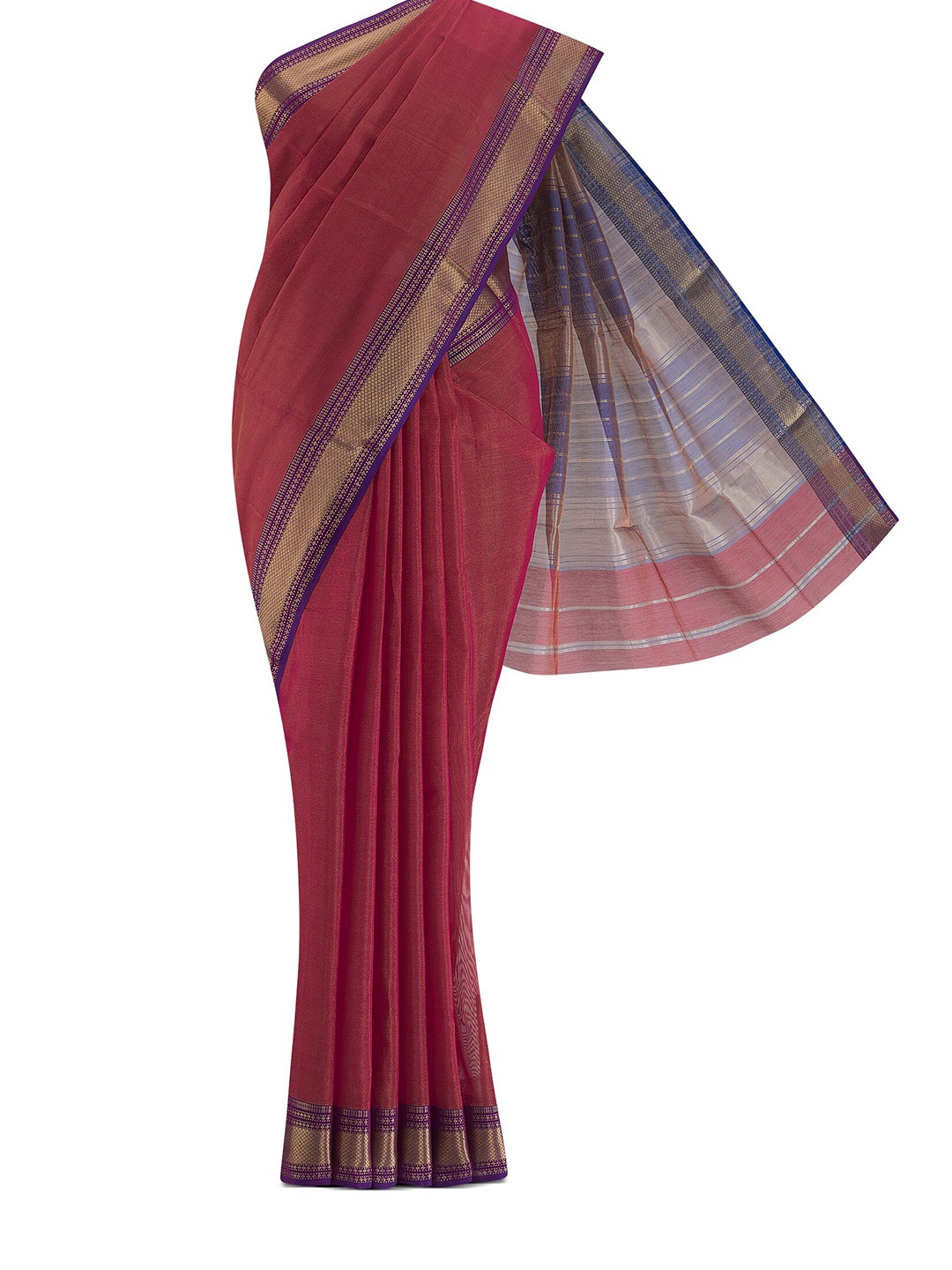 

Nalli Next Red & Blue Striped Zari Silk Cotton Saree