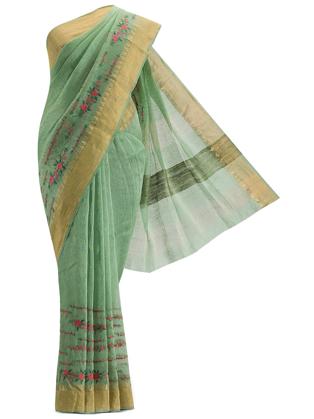 

Nalli Next Green & Gold-Toned Floral Zari Linen Blend embroidered Saree