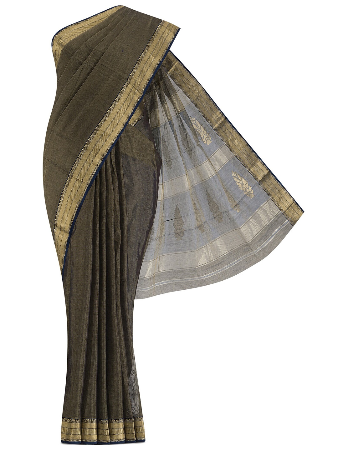 

Nalli Next Black & Gold-Toned Women Striped Zari Silk Cotton Saree
