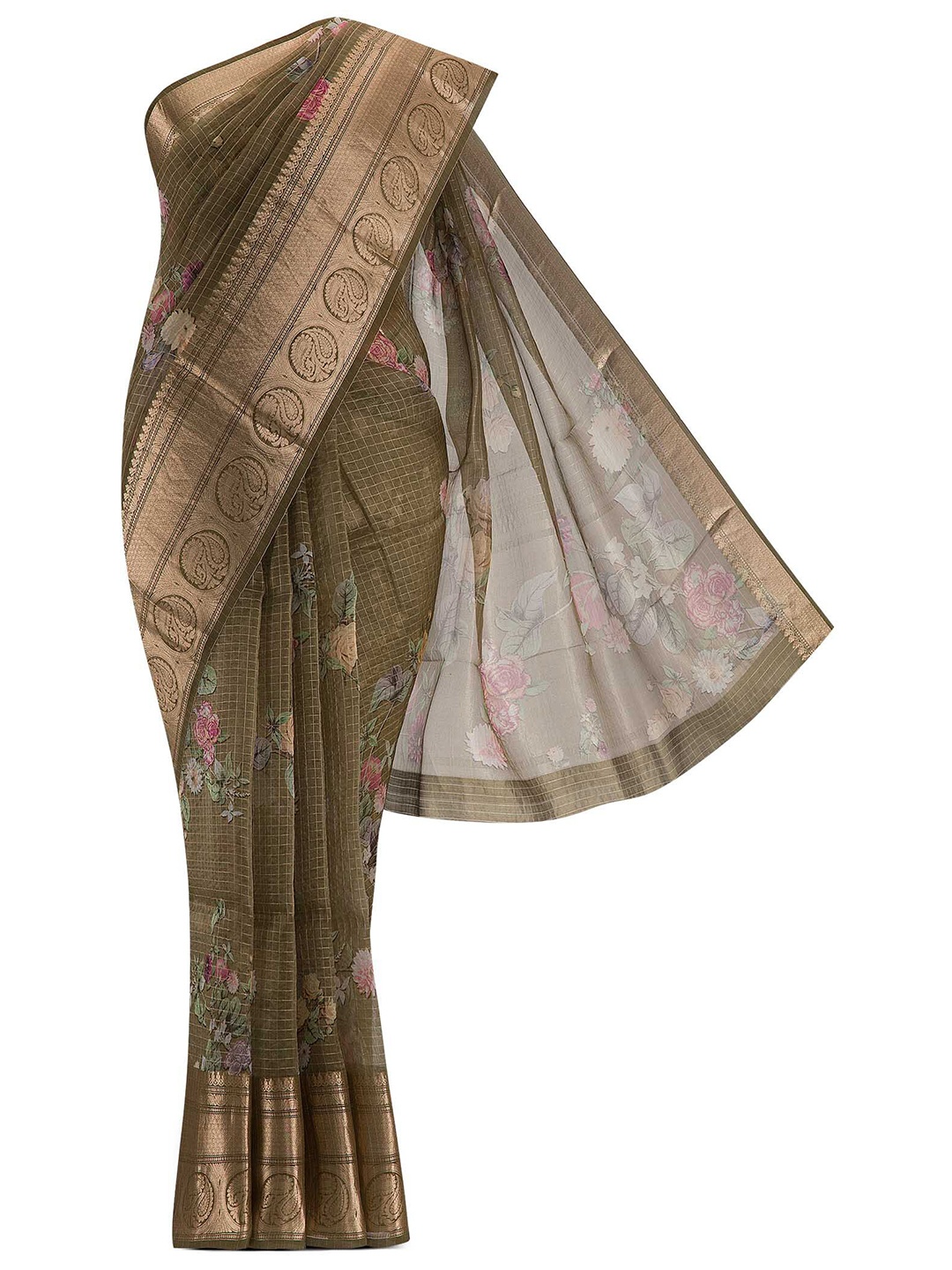 

Nalli Next Green & Gold-Toned Floral Zari Organza Saree