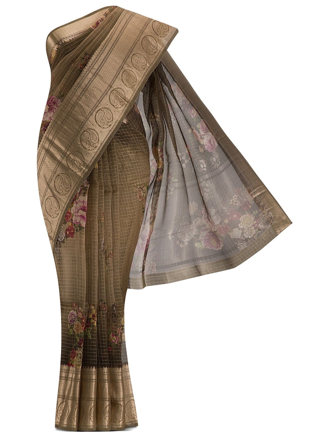 

Nalli Next Brown & Gold-Toned Floral Zari Organza Saree