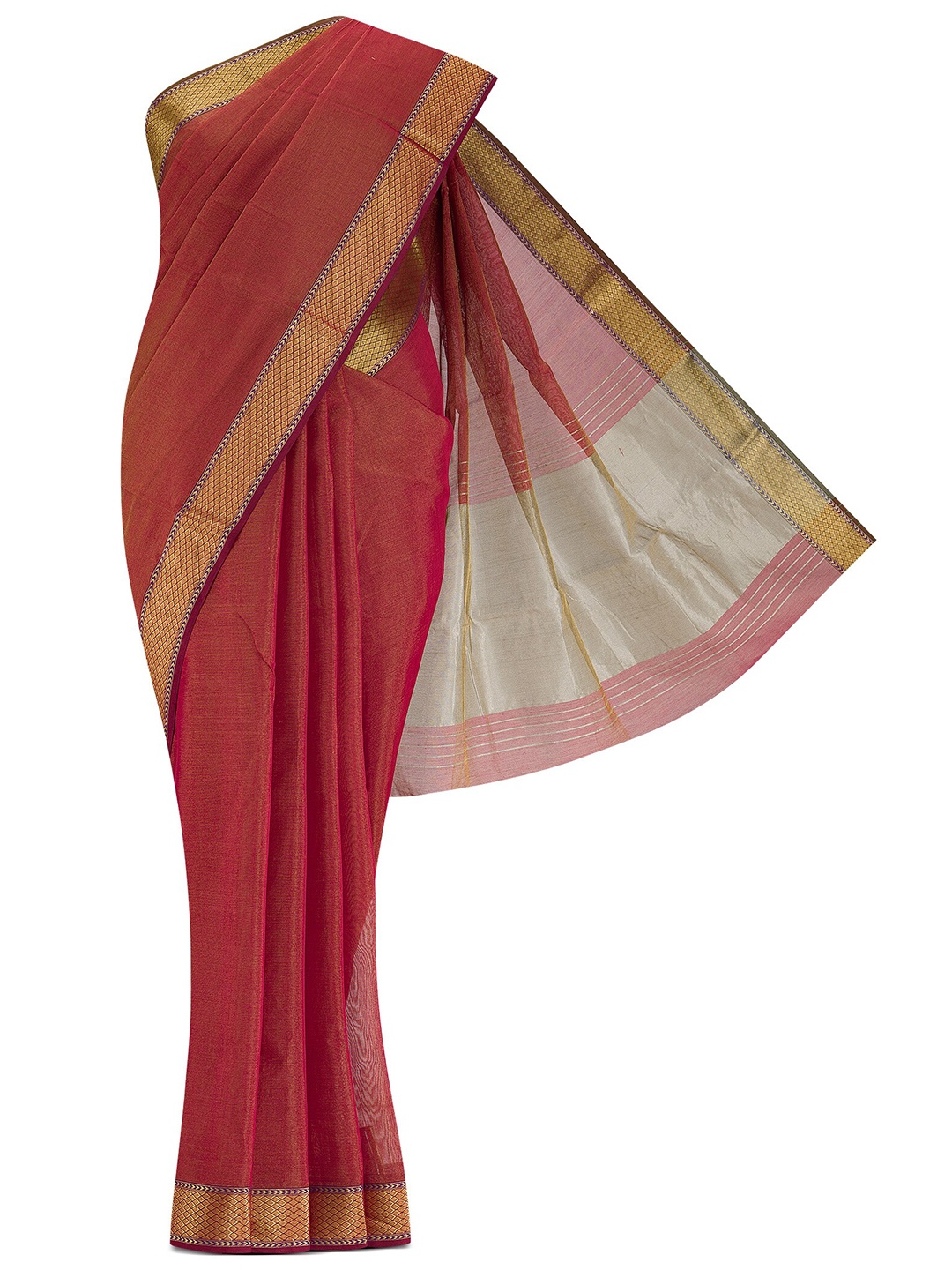 

Nalli Next Red & Gold-Toned Striped Zari Silk Cotton Saree