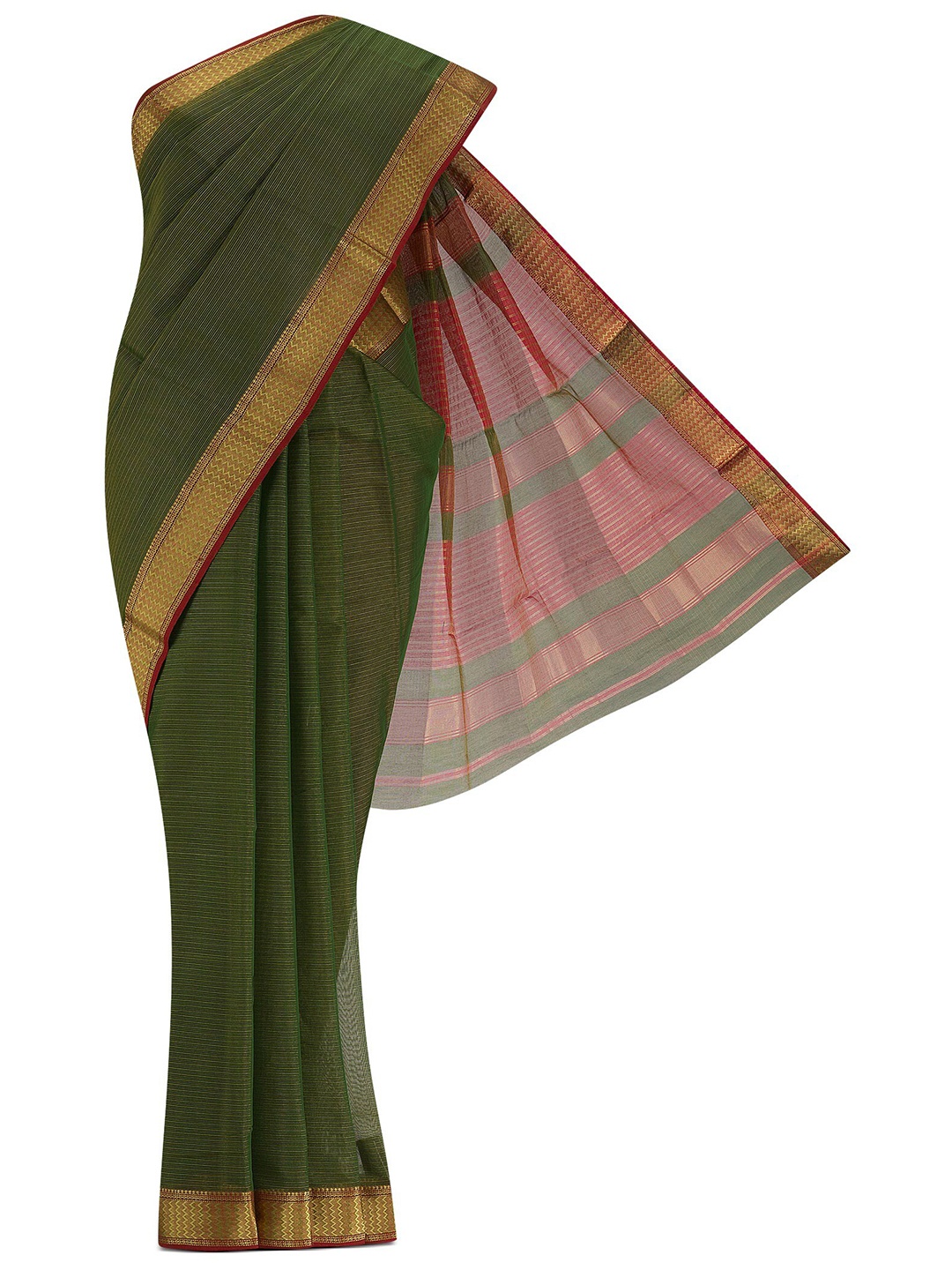 

Nalli Next Green & Red Striped Zari Silk Cotton Saree