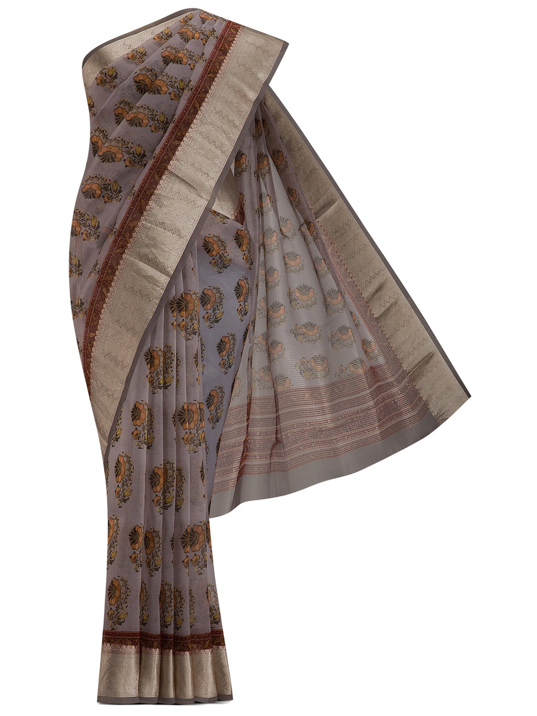 

Nalli Next Grey & Gold-Toned Floral Zari Organza Saree