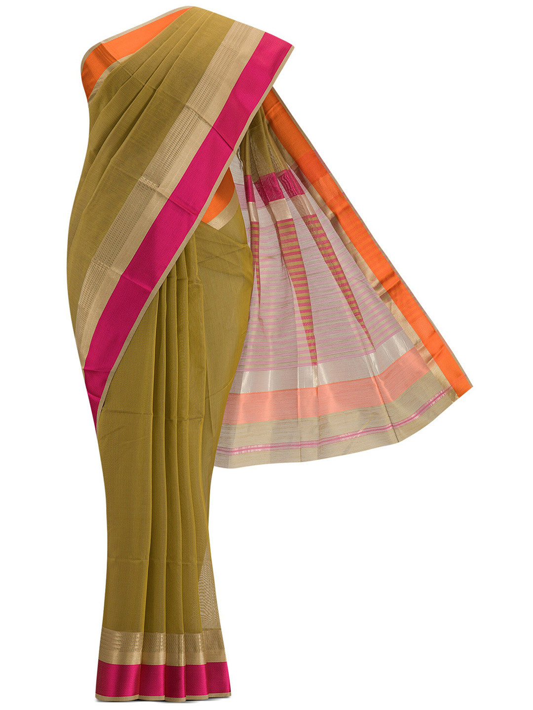 

Nalli Next Green & Pink Women Striped Zari Silk Cotton Saree