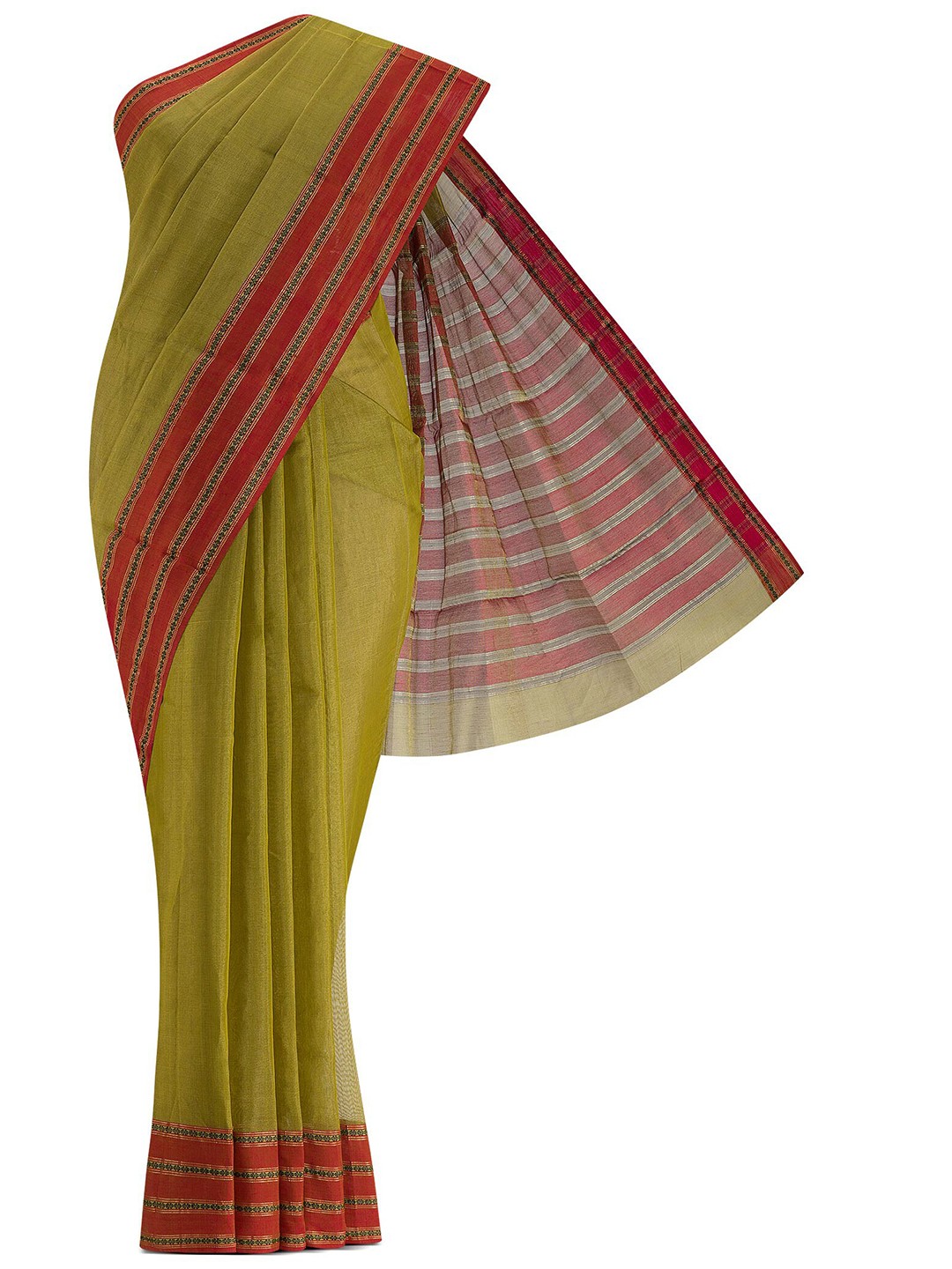 

Nalli Next Green & Red Striped Zari Silk Cotton Saree