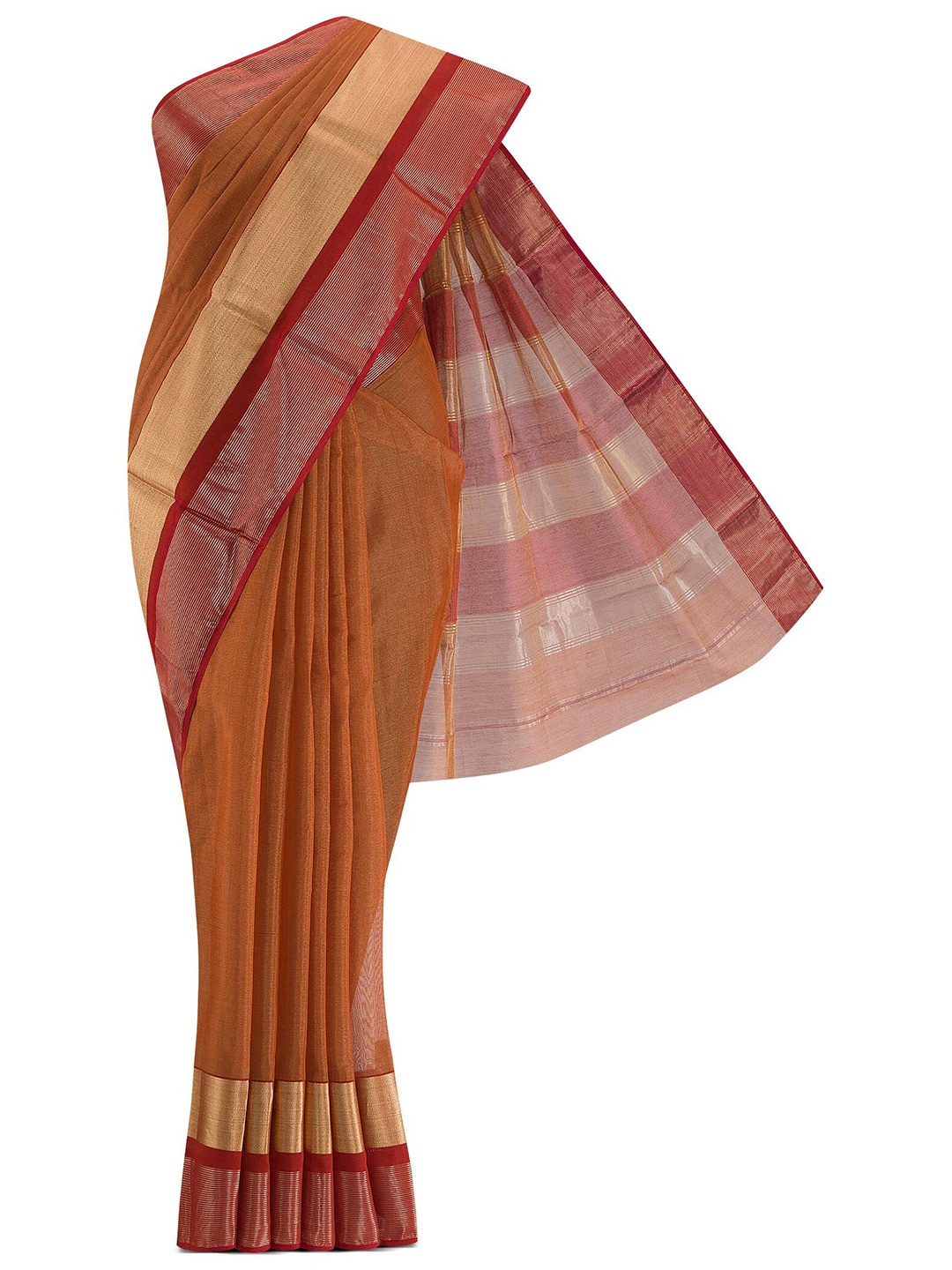 

Nalli Next Women Orange & Gold-Toned Striped Zari Silk Cotton Saree