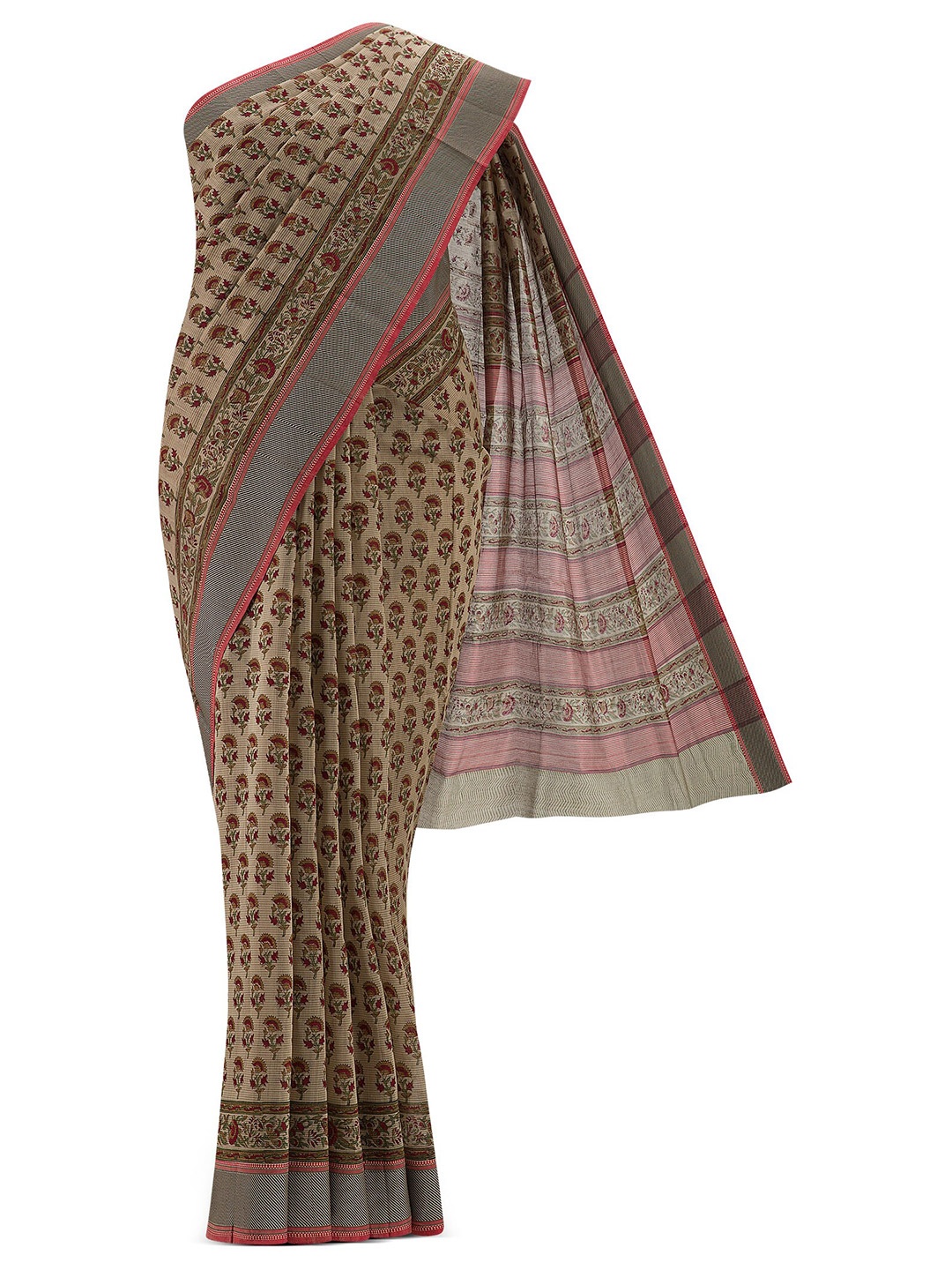 

Nalli Next Beige & Red Floral Zari Silk Cotton Saree