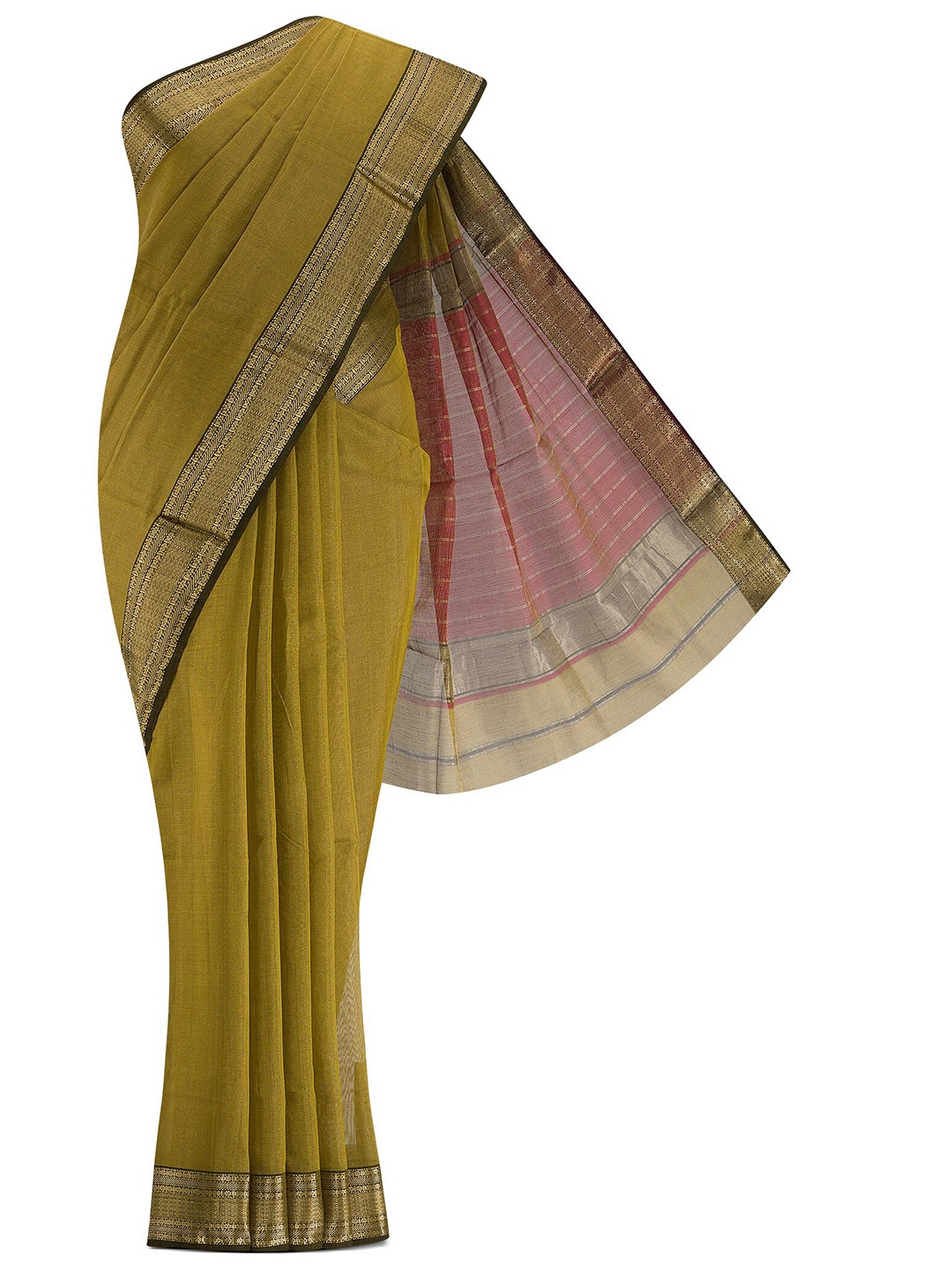 

Nalli Next Green & Pink Striped Zari Silk Cotton Saree