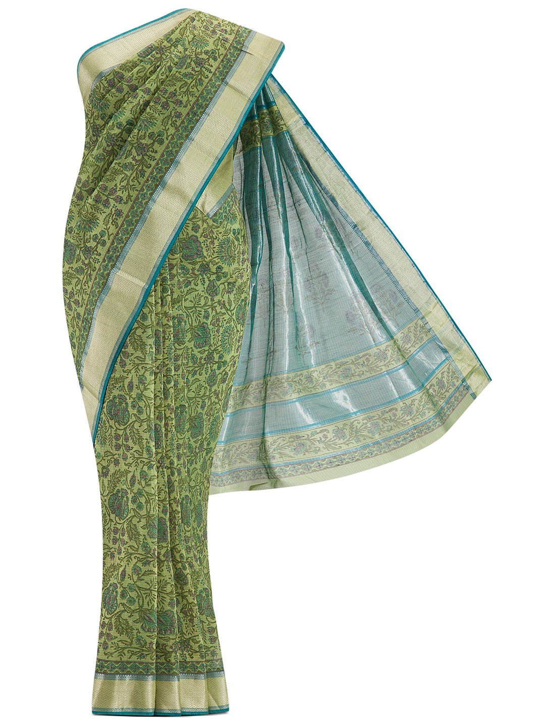 

Nalli Next Green & Gold-Toned Women Floral Zari Silk Cotton Saree