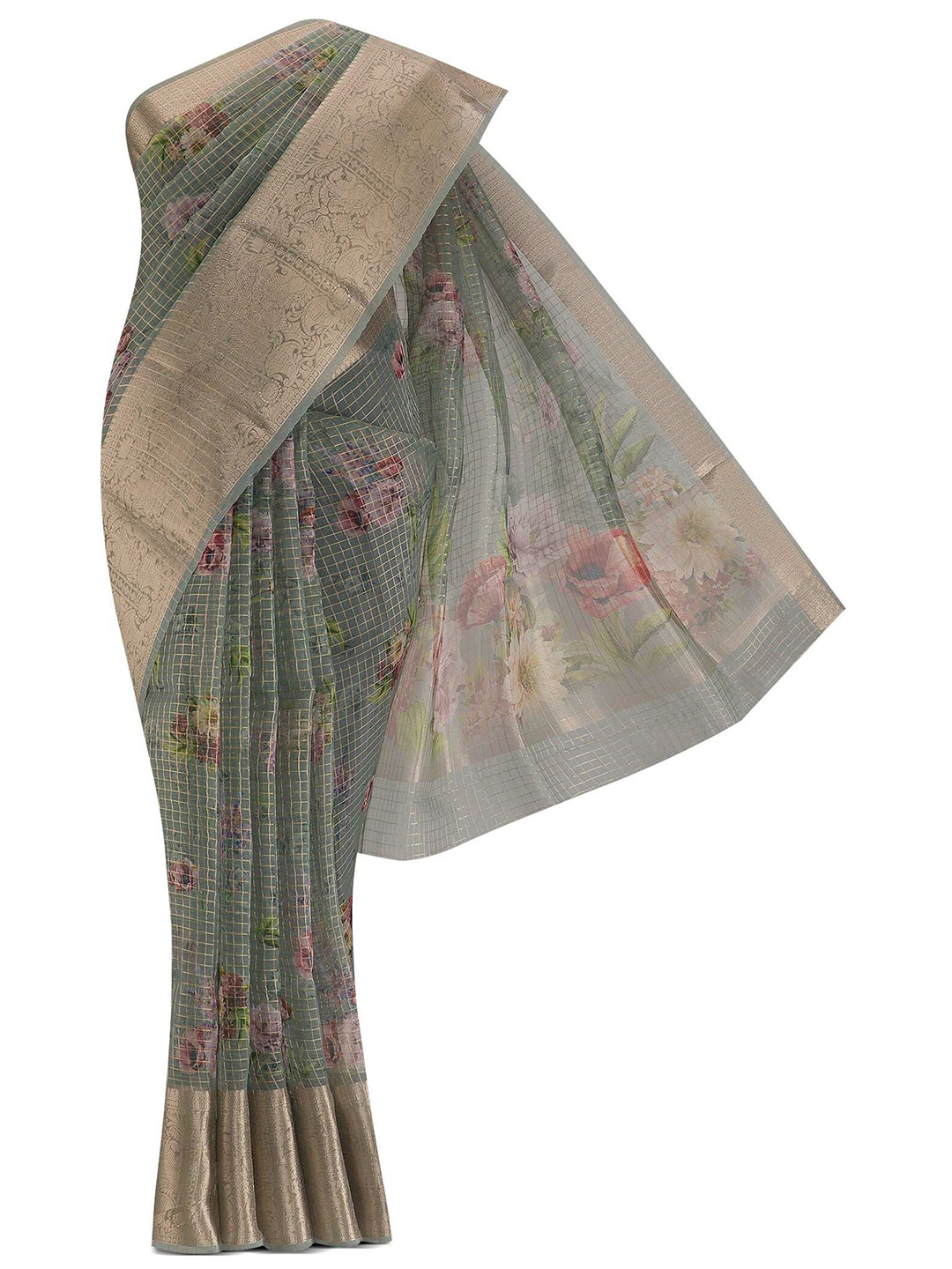 

Nalli Next Green & Pink Floral Zari Organza Saree